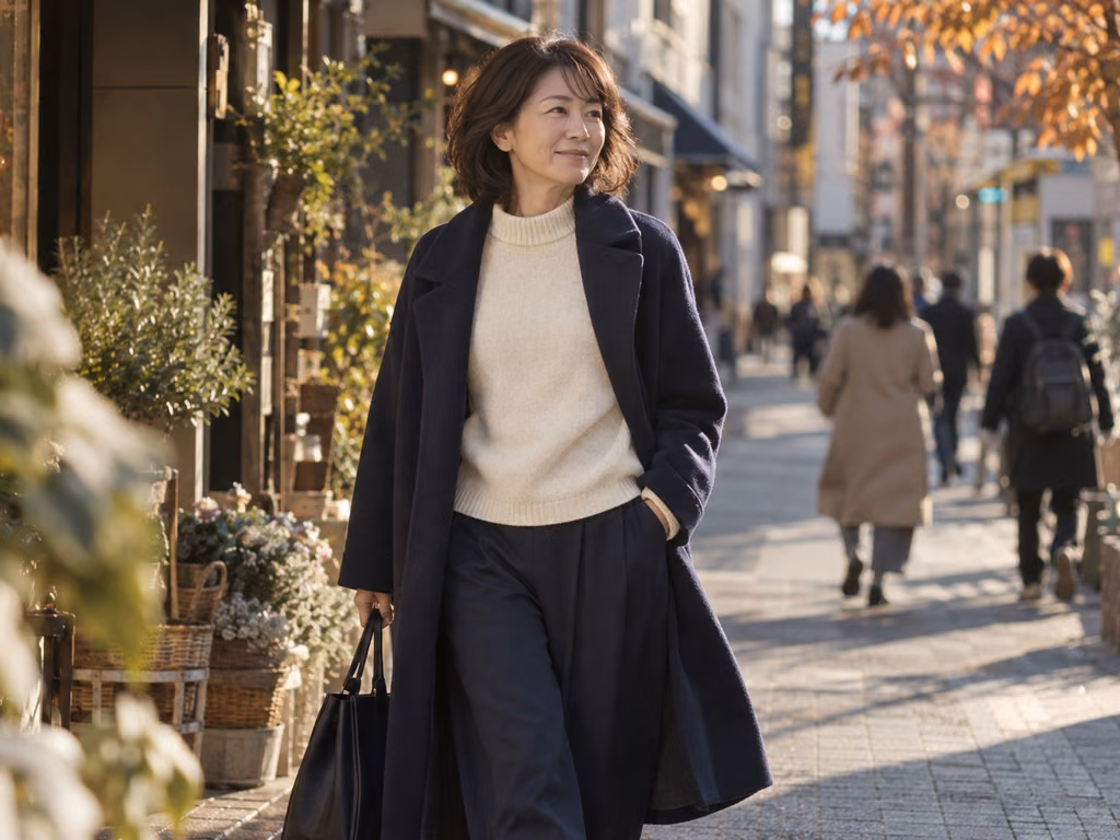 アイボリーのニットに紺のワイドパンツを合わせ、紺のウールコートの前を開けて商店街を歩く女性