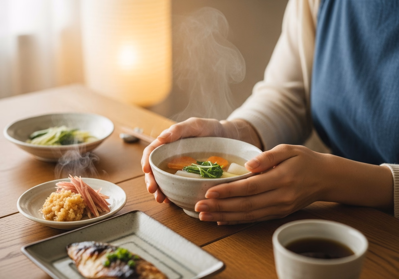 夜の温かい汁物｜澄んだ野菜スープの器を両手で穏やかに包む手元