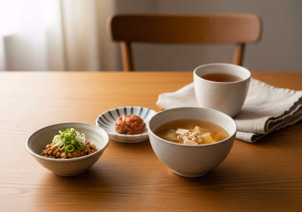 朝の発酵食品と温かい飲み物｜納豆・梅干し・味噌汁と温かい麦茶