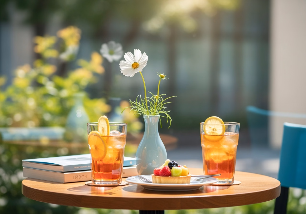 カフェテラスの穏やかなテーブル|白いアイスティーグラス2つとフルーツタルト、白コスモスの一輪挿し
