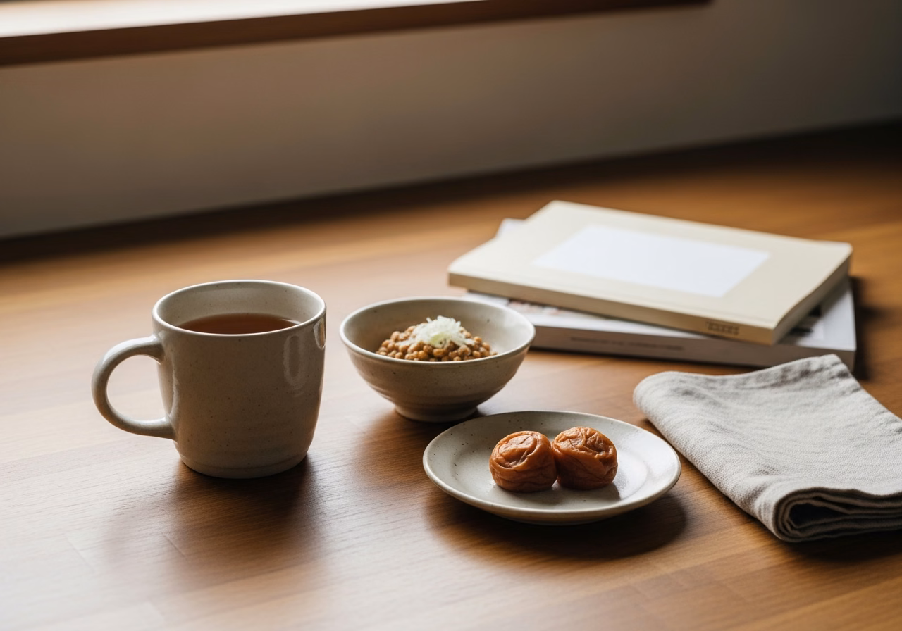 お盆明けの朝食｜温かい麦茶・納豆・梅干しの穏やかな組み合わせ