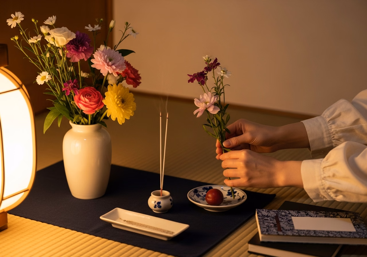お盆の穏やかな仏壇｜季節の花と白い線香、畳の間の柔らかな夕方の光