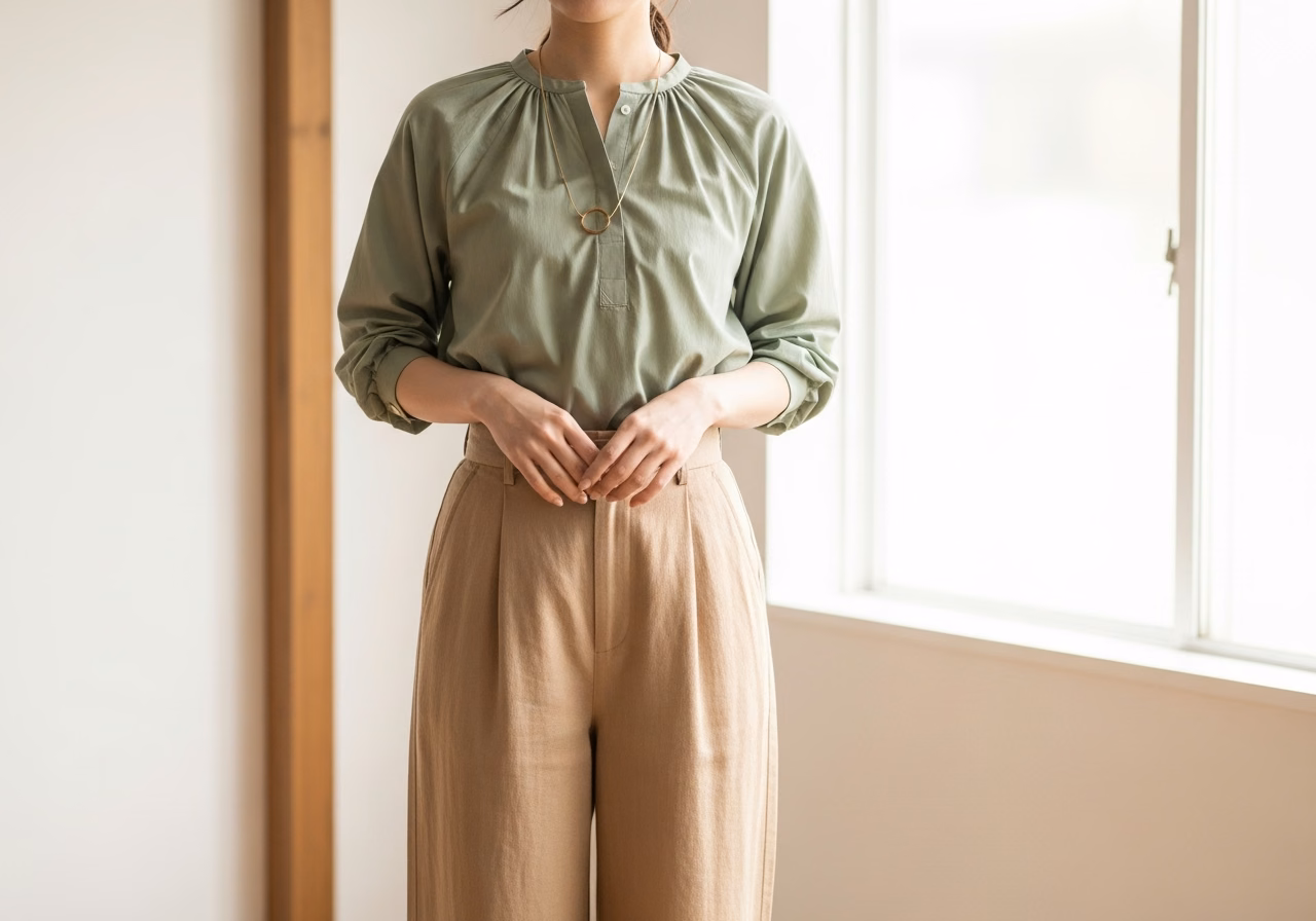 30代の在宅ワークコーデ|セージグリーンのブラウスとベージュのリネンパンツの穏やかな組み合わせ