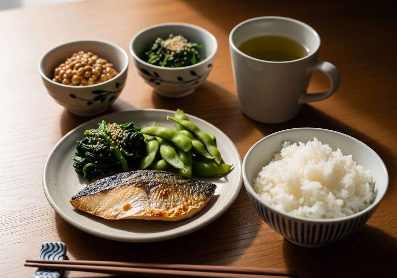 髪を育てる朝食｜焼き魚・枝豆・ほうれん草の胡麻和え・納豆・ご飯
