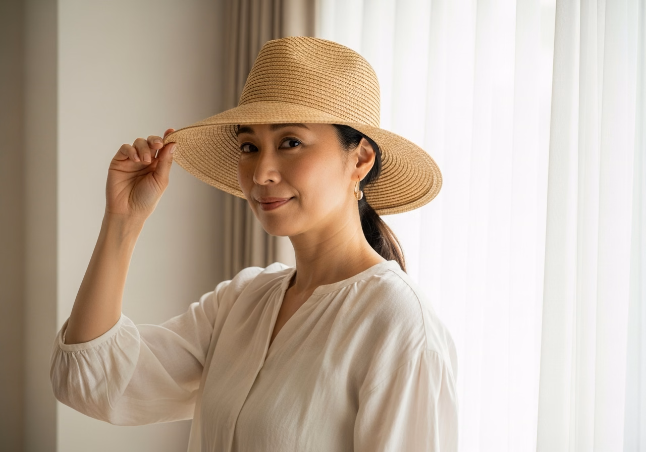 40代の紫外線対策｜つば広の麦わら帽子と薄手の白リネンで穏やかに頭皮を守る装い