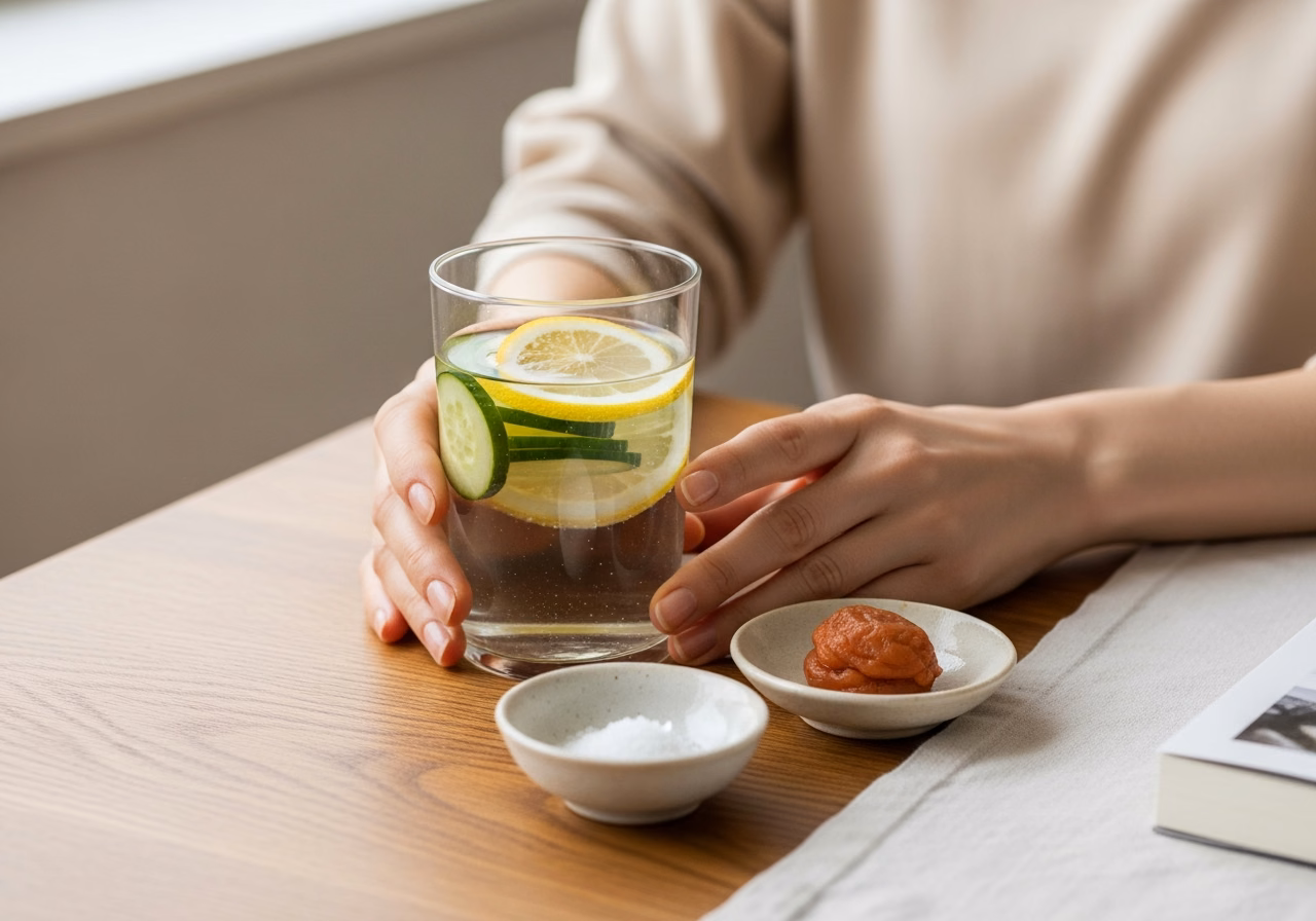朝の水分と塩分|レモンときゅうりを浮かべた水と、少量の梅干しの穏やかな朝支度