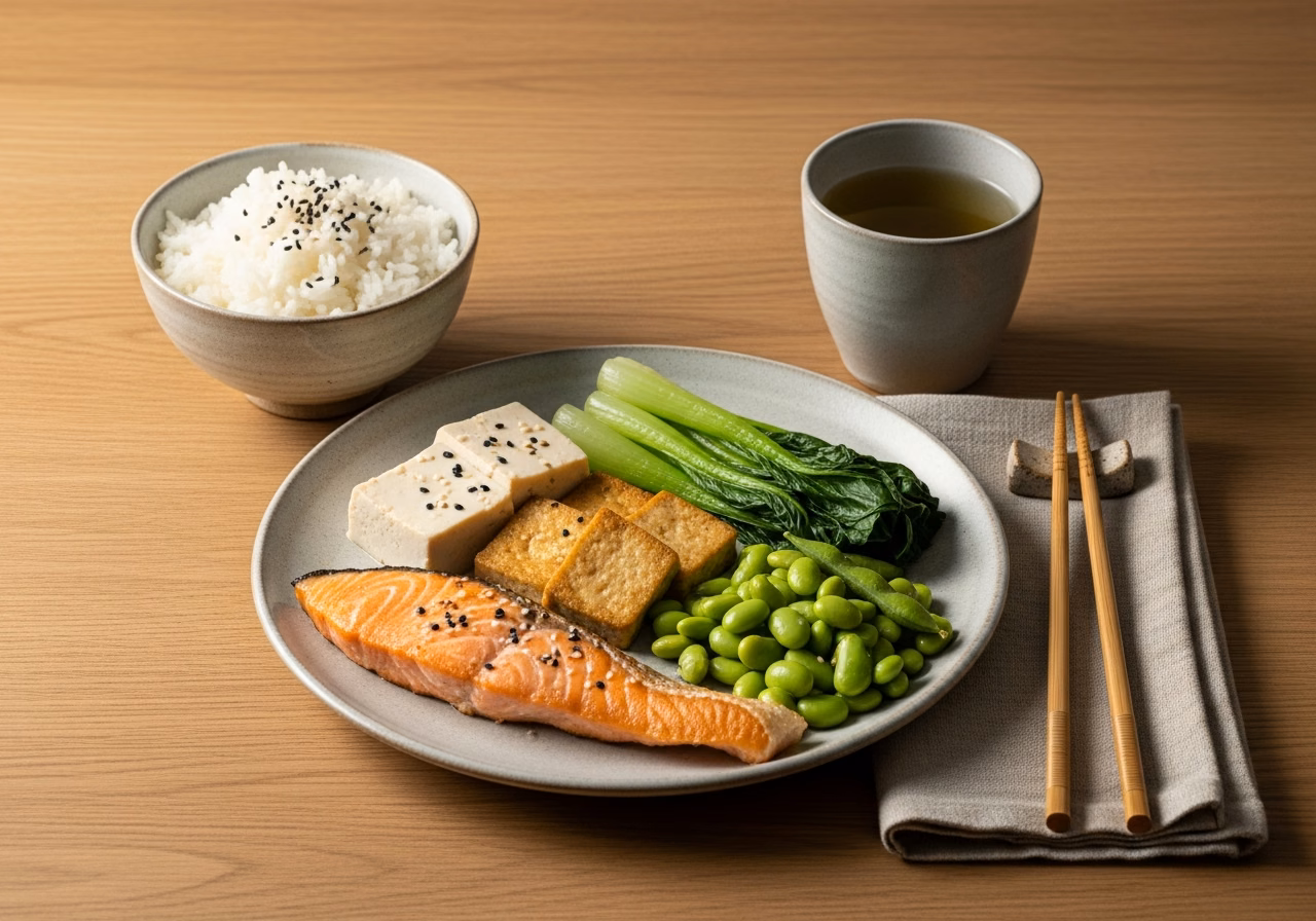 昼のタンパク質と色野菜|焼き鮭・蒸し豆腐・枝豆・青菜のお弁当スタイル