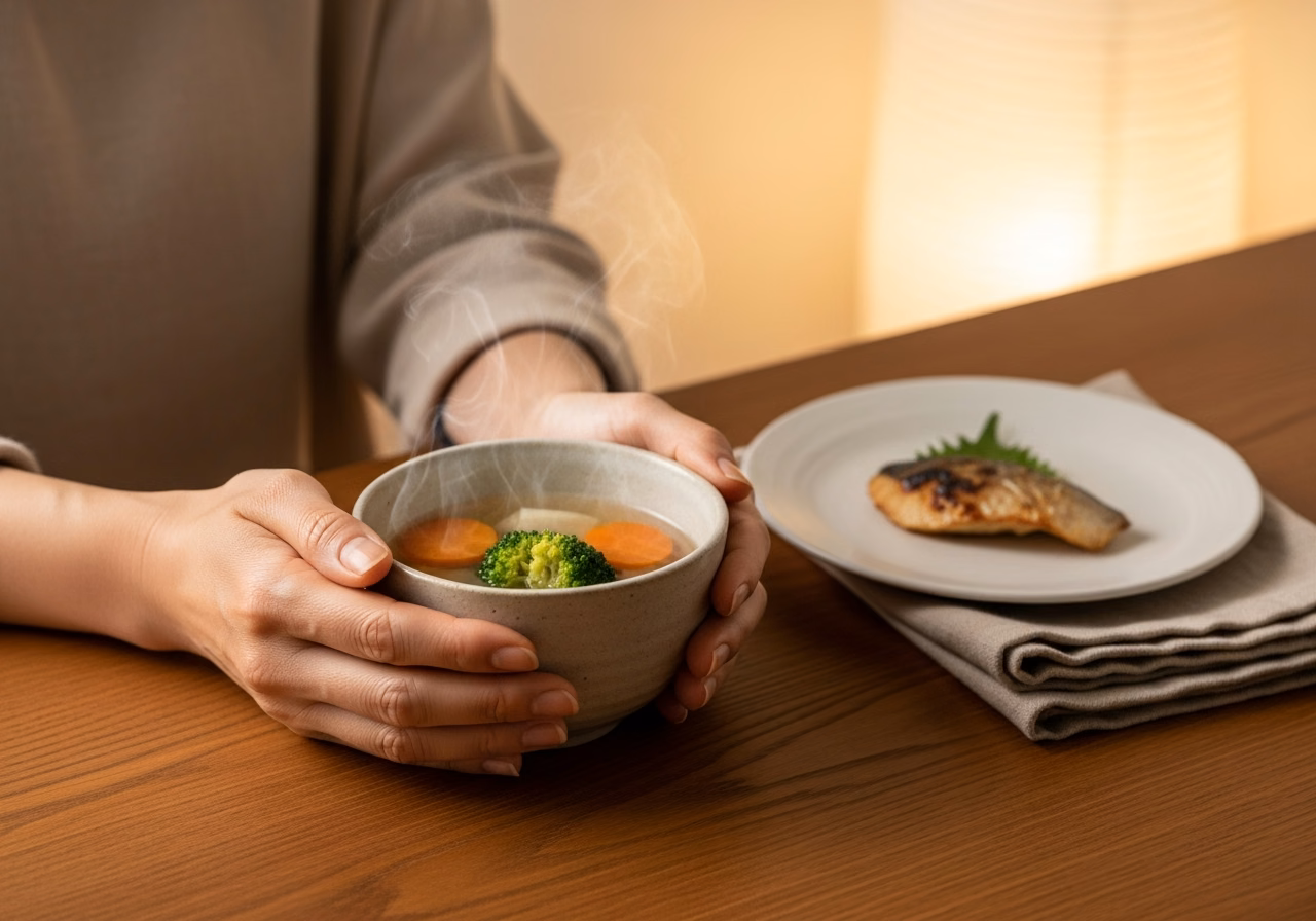 夜の温かい汁物|澄んだ野菜スープの器を両手で穏やかに包む手元
