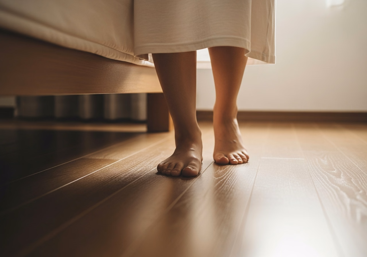 朝の目覚めの一歩｜温かな木の床に素足で穏やかに触れる時間
