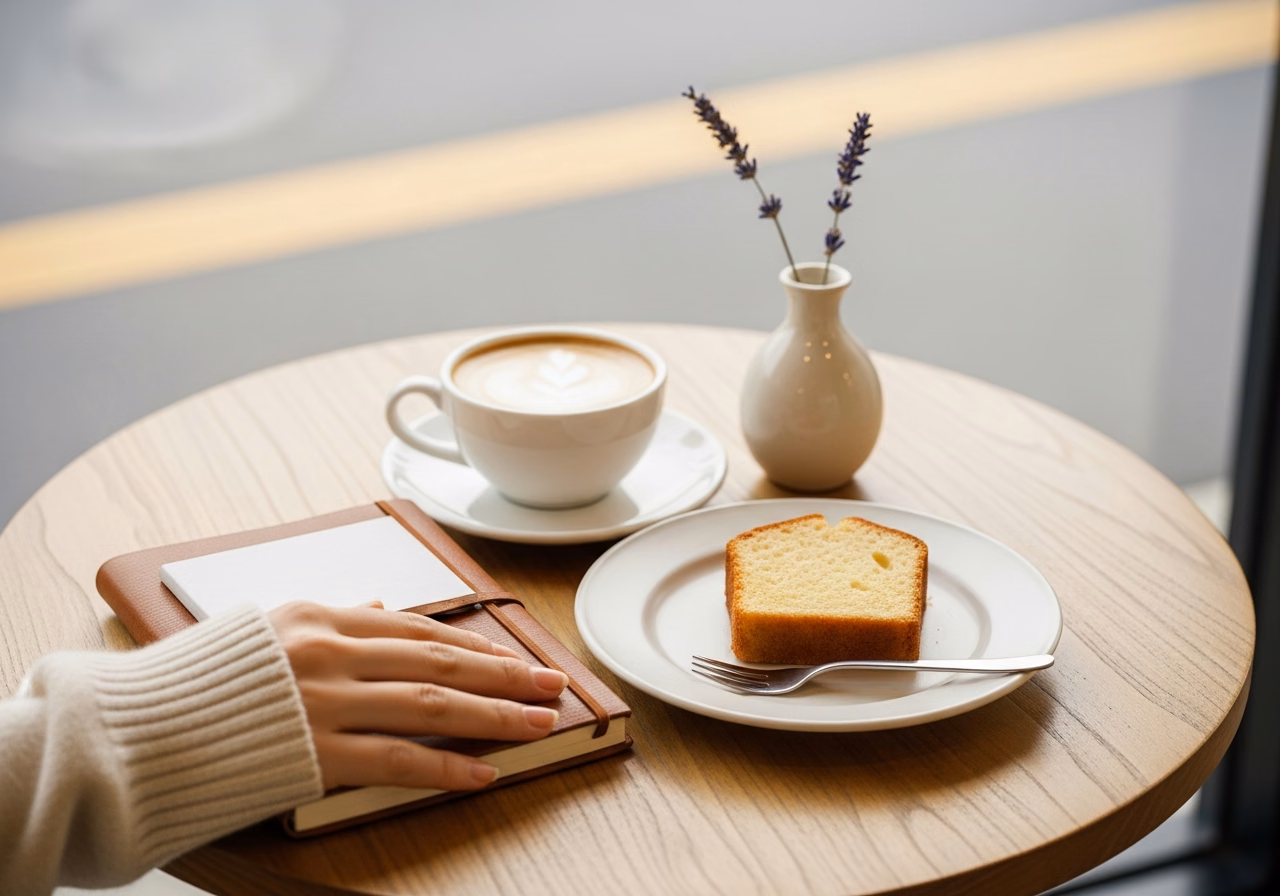 日曜午後のカフェテーブル｜ラテのカップと閉じた革のノートブック、ドライラベンダーの一輪挿し