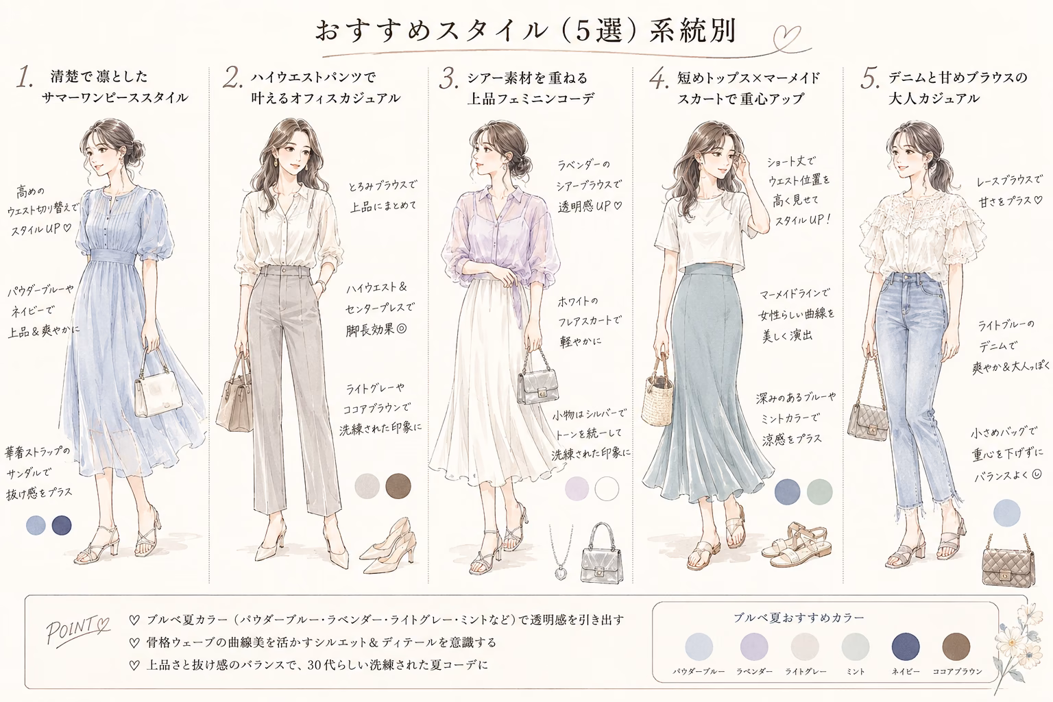 骨格ウェーブ×ブルベ夏×30代に似合う夏コーデ5スタイル:清楚サマーワンピ/ハイウエストパンツ/シアー素材/マーメイドスカート/甘めデニム