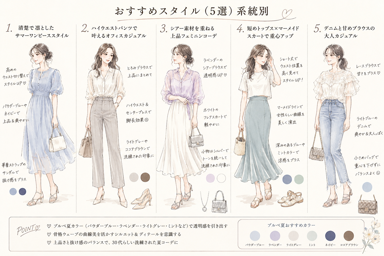 骨格ウェーブ×ブルベ夏×30代に似合う夏コーデ5スタイル：清楚サマーワンピ／ハイウエストパンツ／シアー素材／マーメイドスカート／甘めデニム