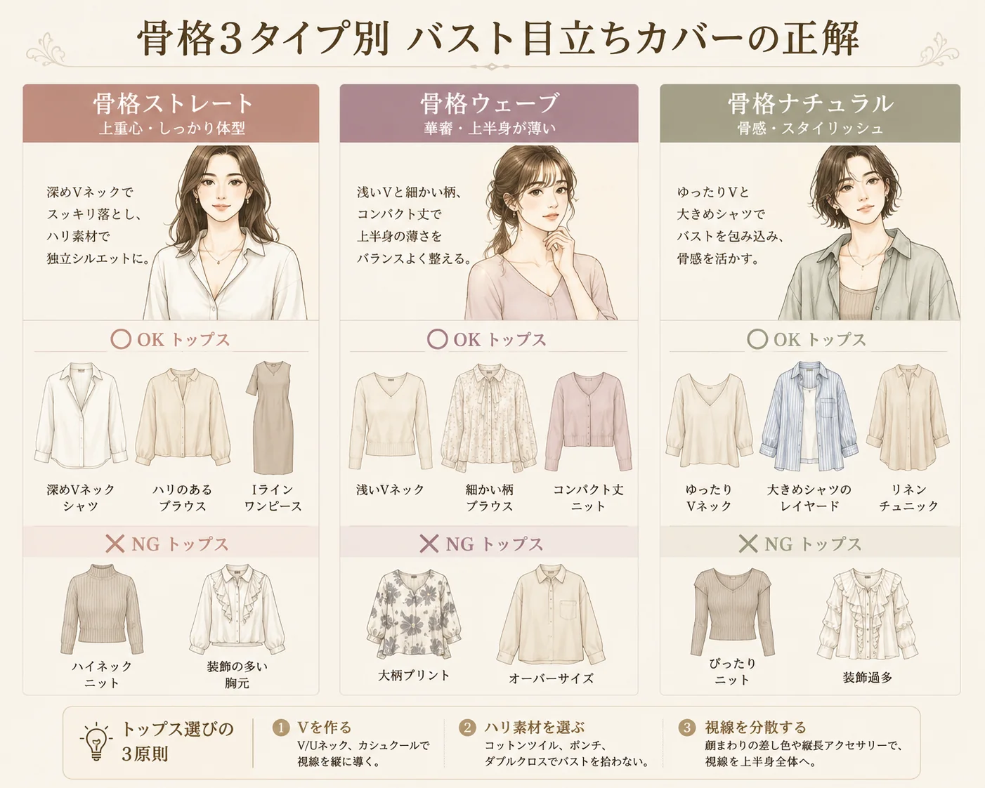 骨格3タイプ別 バスト目立ちカバーの正解。ストレート・ウェーブ・ナチュラルそれぞれの上半身特徴と、似合うトップス・避けたいトップスをイラストで一覧化。下部にはトップス選びの3原則（Vを作る／ハリ素材を選ぶ／視線を分散する）もまとめて掲載