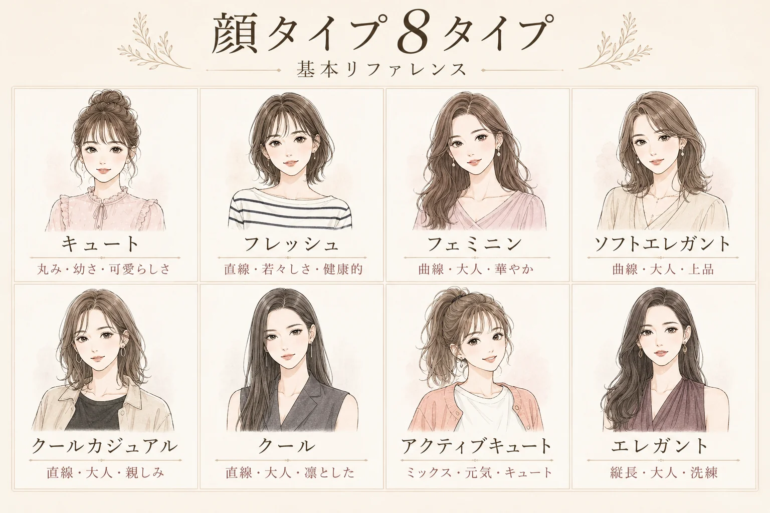 顔タイプ8タイプ 基本リファレンス。キュート・フレッシュ・フェミニン・ソフトエレガント・クールカジュアル・クール・アクティブキュート・エレガントの特徴を一覧化