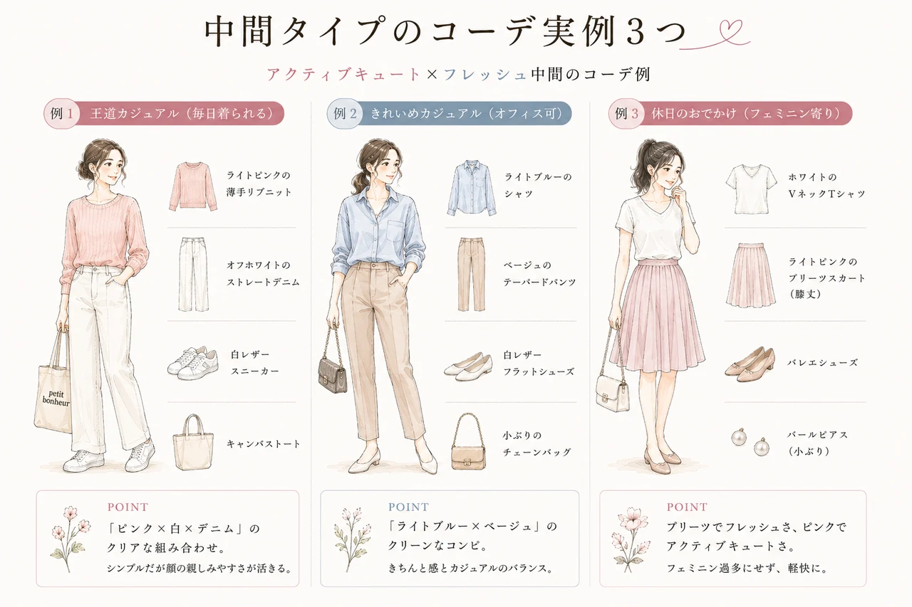 骨格ナチュラル×アクティブキュート×フレッシュ中間｜抜け感ある元気さの装い