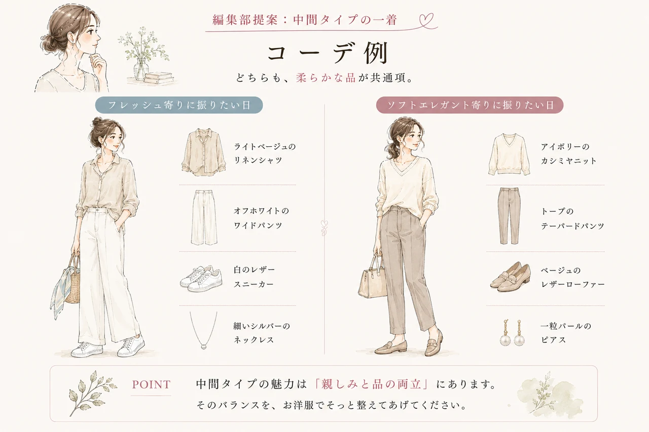 骨格ウェーブ×ソフトエレガント×フレッシュ中間｜柔らかな清潔感の装い