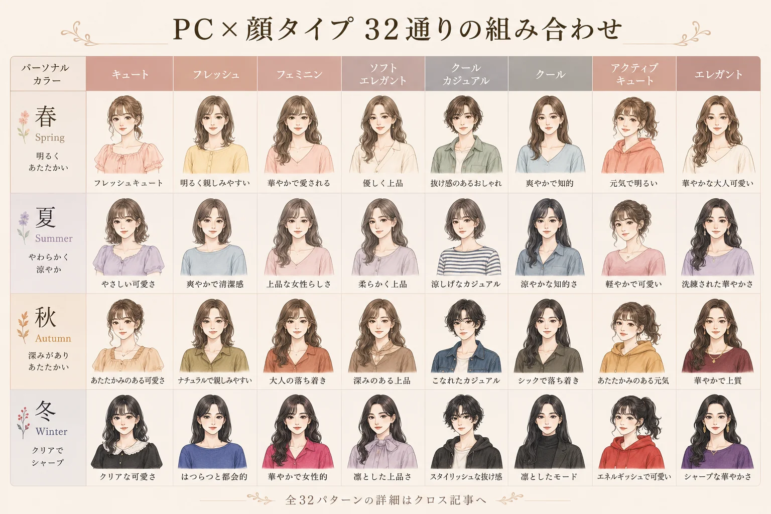 パーソナルカラー×顔タイプ クロスマトリクス。32通りの組み合わせとその印象を一覧化