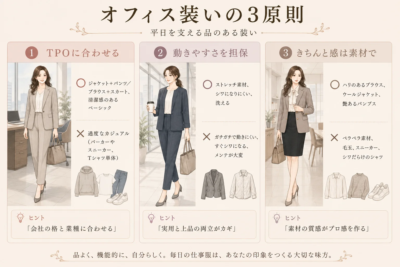 オフィス装いの3原則。TPO・動きやすさ・きちんと感の3つの軸で考える平日の装い