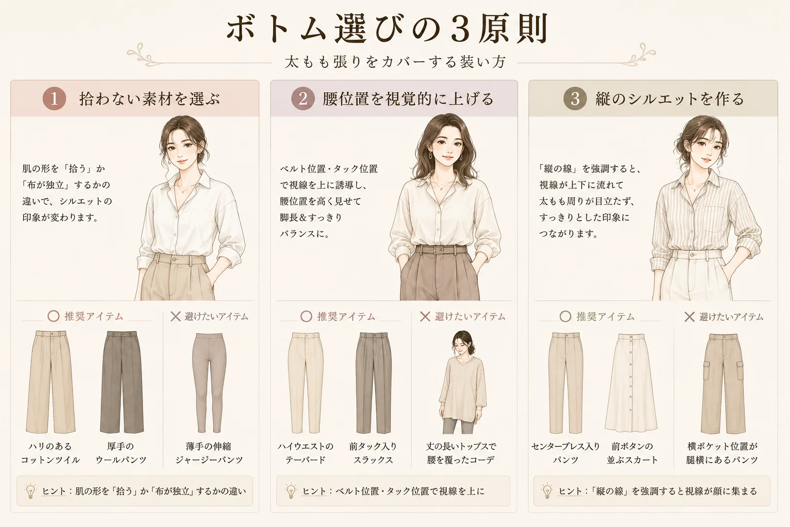 ボトム選びの3原則。拾わない素材・腰位置を上げる・縦のシルエットを作るの3つを一覧化