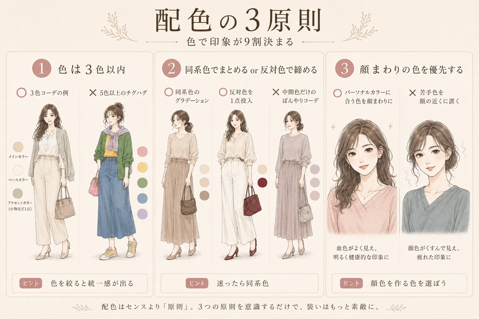 配色の3原則。色は3色以内・同系色か反対色で・顔まわりの色を優先する