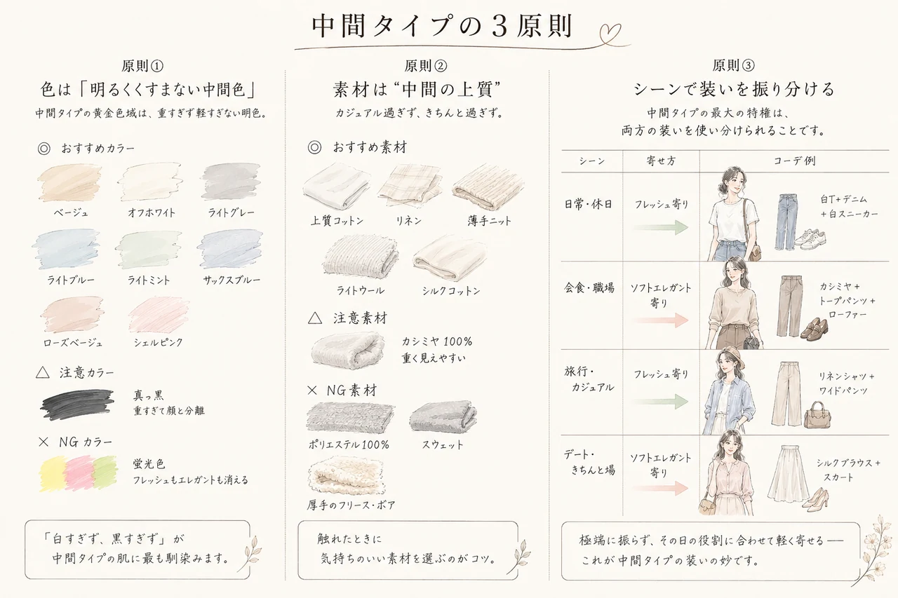 中間タイプの3原則：色（明るくくすまない中間色）・素材（中間の上質）・シーン（フレッシュ寄りとソフトエレガント寄りを使い分ける）を1枚にまとめた早見表