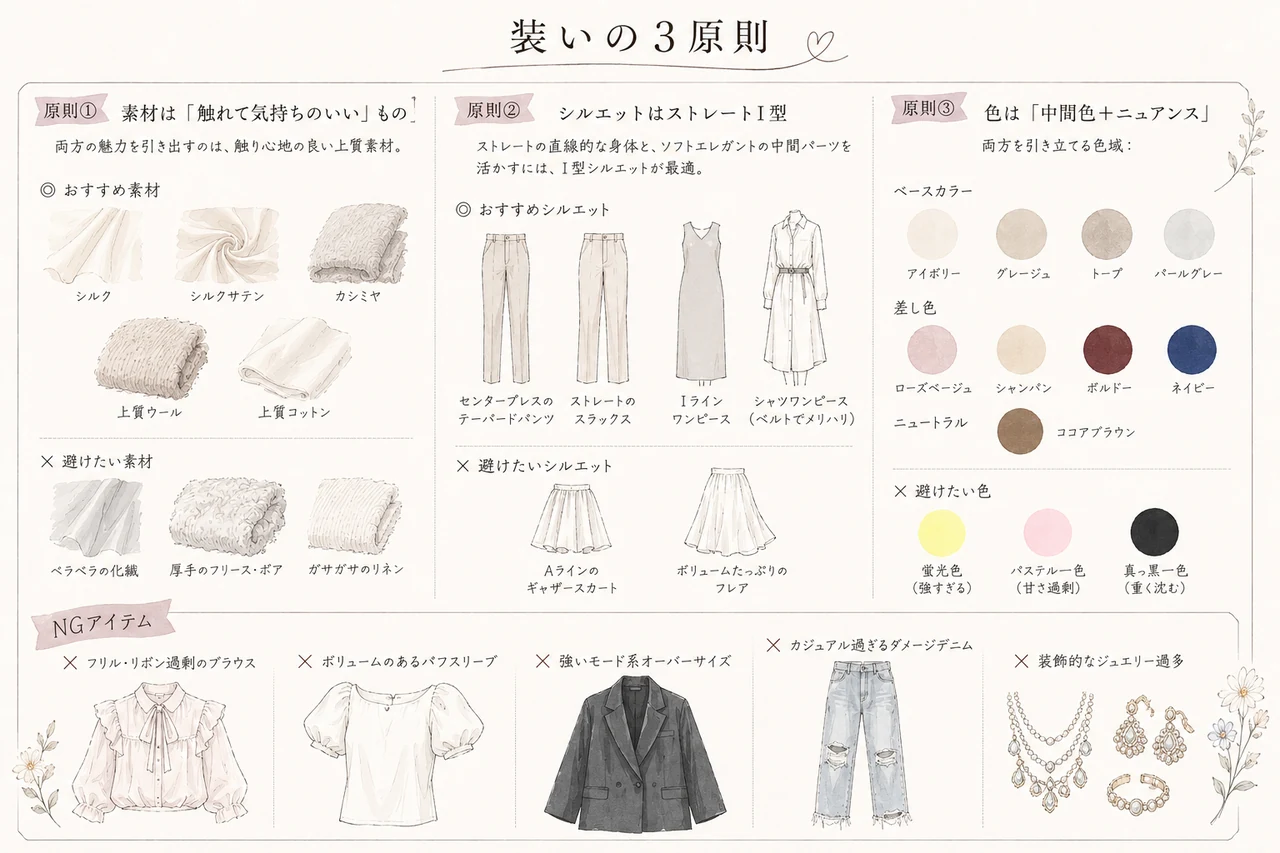 装いの3原則：素材（触れて気持ちのいいもの）・シルエット（ストレートI型）・色（中間色＋ニュアンス）を1枚にまとめた早見表