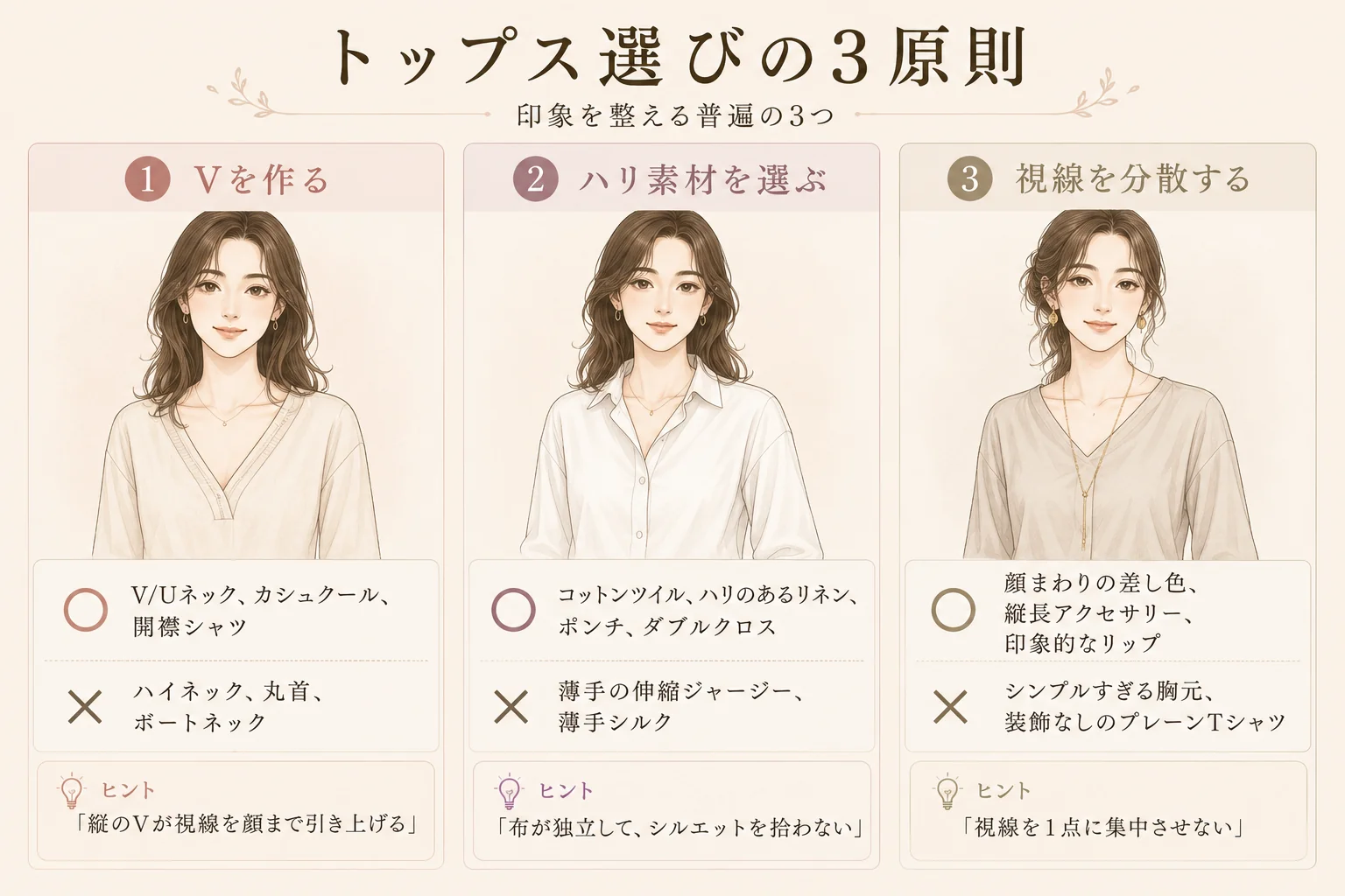 トップス選びの3原則：素材×シルエット×装飾