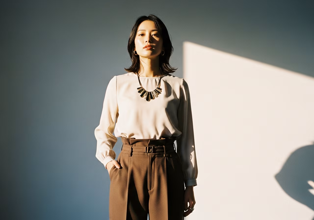 低身長の女性が上重心の装いで立つ