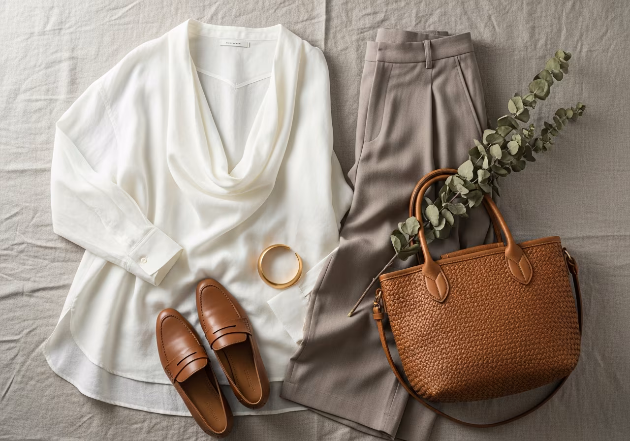 リネンのとろみシャツとワイドパンツ、骨格ナチュラル×ソフトエレガントの抜け感ある上品さ