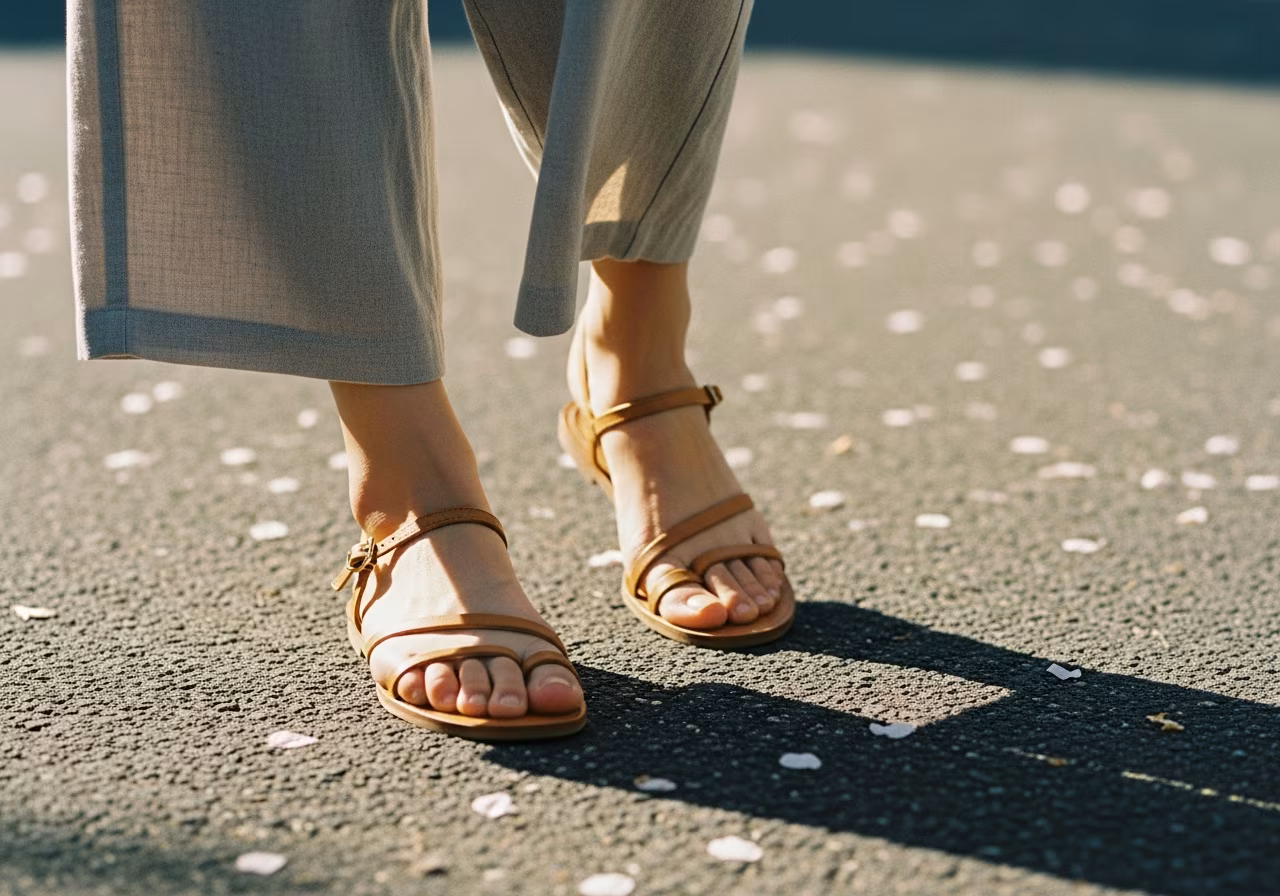 タンレザーのフラットサンダルで夏本番の街を歩く