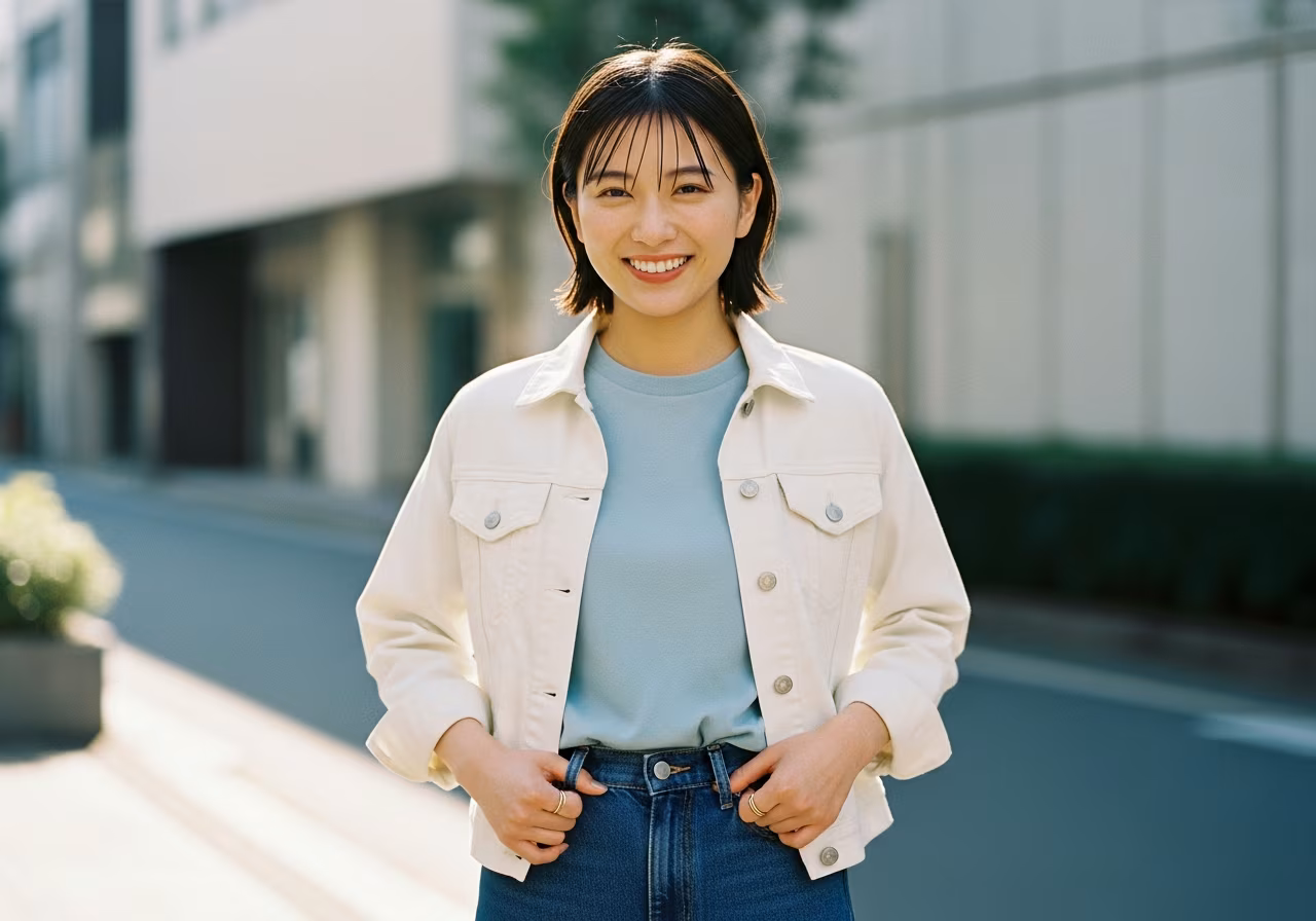 フレッシュ顔の一着・水色Tシャツとデニム、健やかな朝