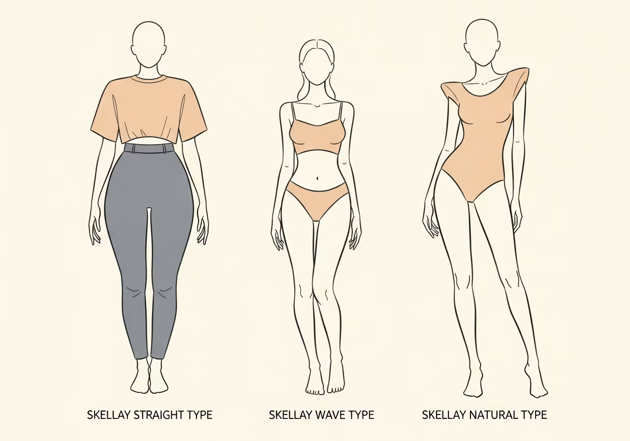 骨格3タイプのシルエット比較：ストレート（立体感のある身体）・ウェーブ（華奢で柔らかな曲線）・ナチュラル（フレーム感のある骨格）