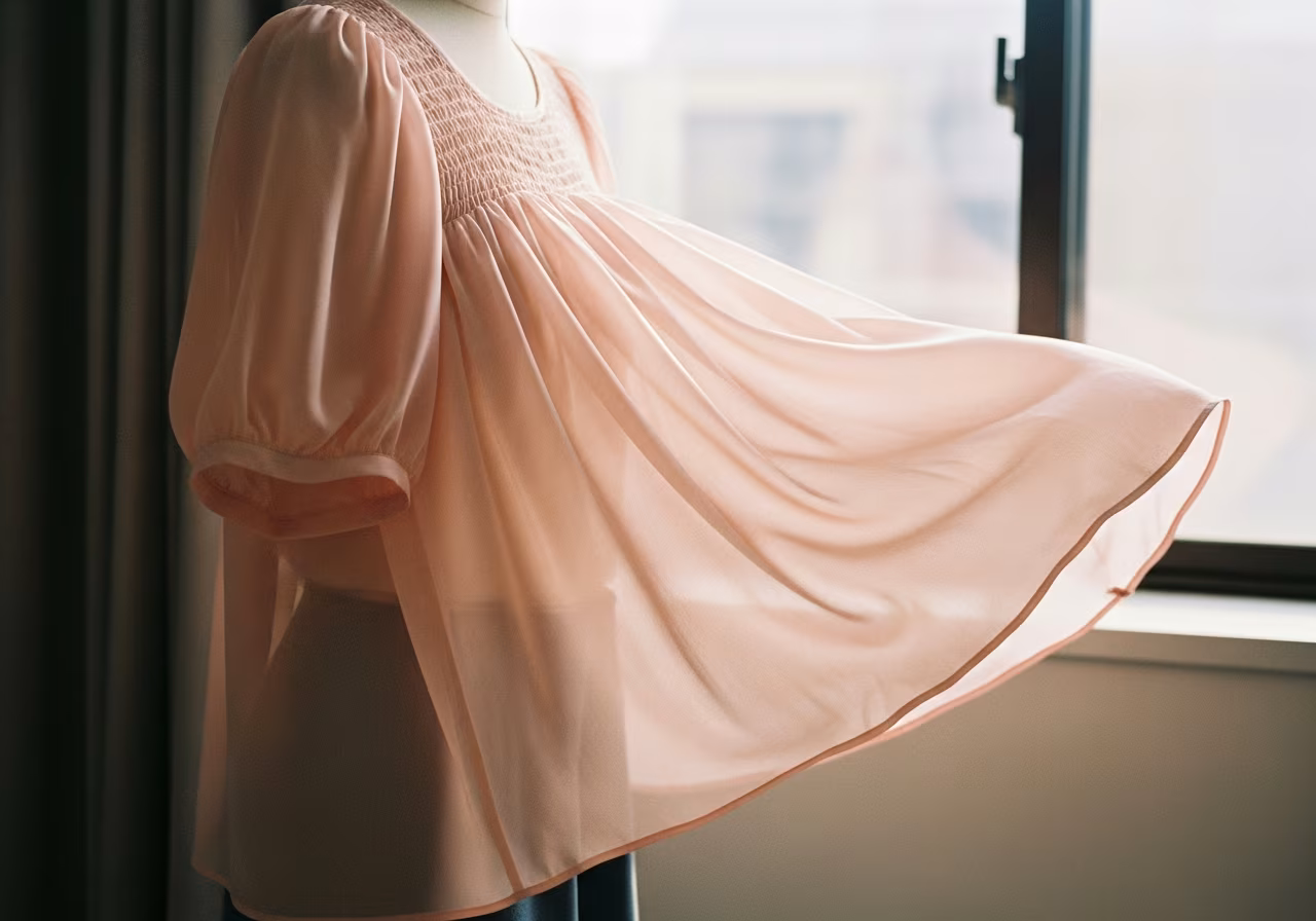 春のウェーブ・淡いピンクのシフォンブラウス