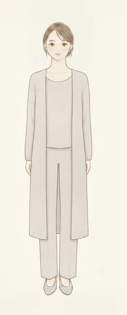 長い羽織りを開けて着て縦の線を一本通したコーディネートのイラスト