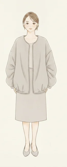 肩の縫い目が腕に落ちて生地がもたついているコーディネートのイラスト