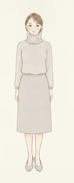 タートルネックが首をすべて覆っているコーディネートのイラスト