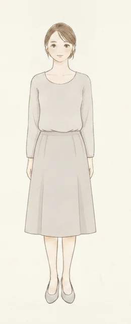 スカートの裾がひざ下の細い位置で終わっているコーディネートのイラスト