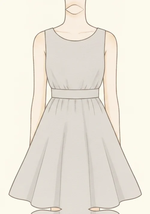 ウエストで絞り裾が大きく広がるフレアワンピースのイラスト