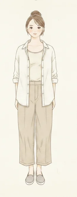 麻のシャツとゆったりしたパンツを合わせたナチュラルコーディネートのイラスト