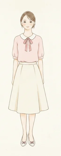 丸襟のブラウスとフレアスカートを合わせたガーリーコーディネートのイラスト