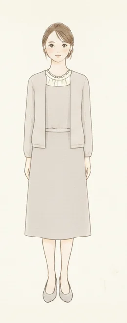 アンサンブルニットと膝丈スカートを合わせたコンサバコーディネートのイラスト