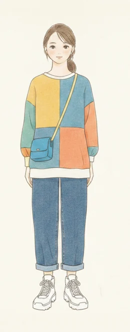 配色を大胆に組み合わせた青文字系コーディネートのイラスト