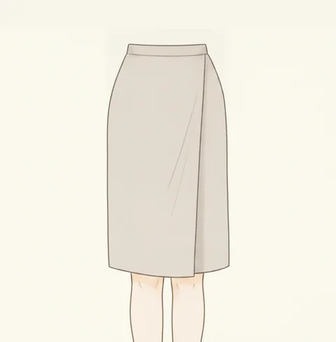 前で巻いて重ねた斜めの切り替えがあるラップスカートのイラスト