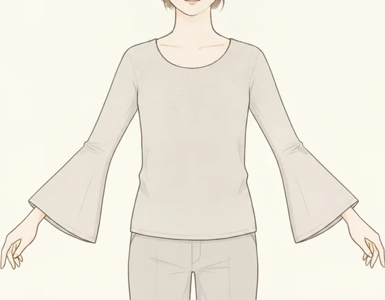 肘まで細く袖口でベルのように開くベルスリーブのイラスト