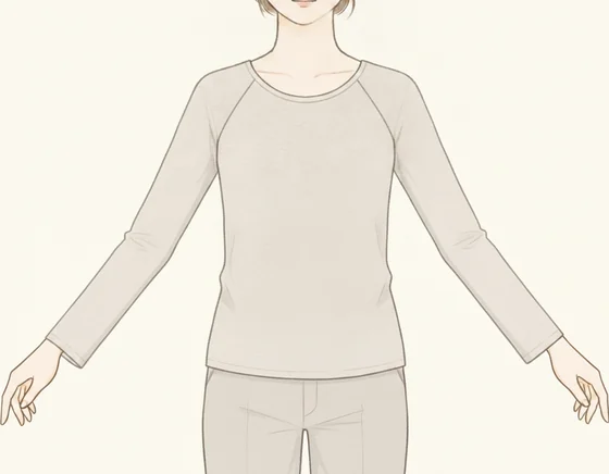 襟ぐりから脇へ斜めの切り替えが走るラグランスリーブのイラスト