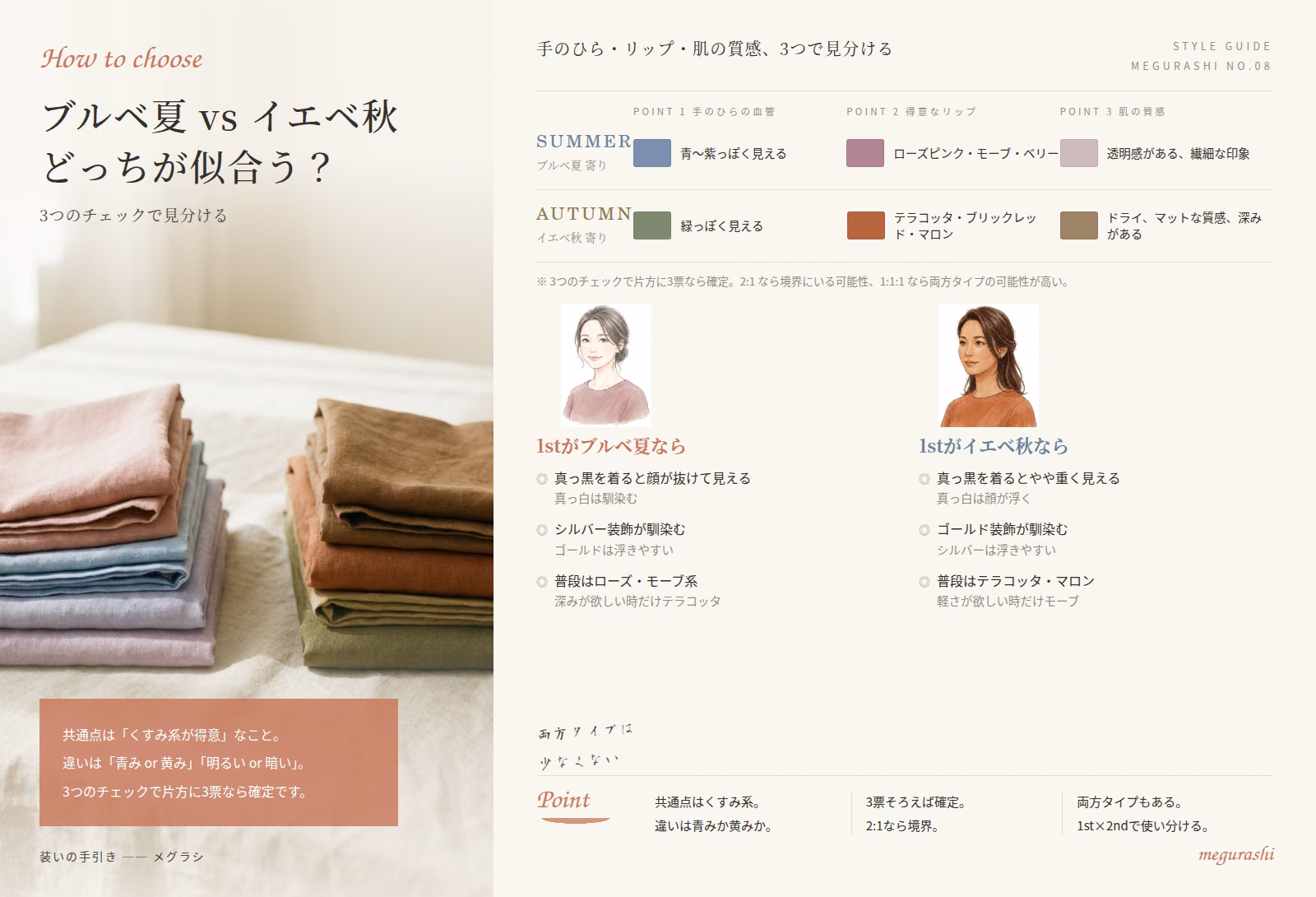 ブルベ夏 vs イエベ秋 どっちが似合う？穏やかに見分ける視点の要点まとめ図解｜手のひらの血管・得意なリップ・肌の質感