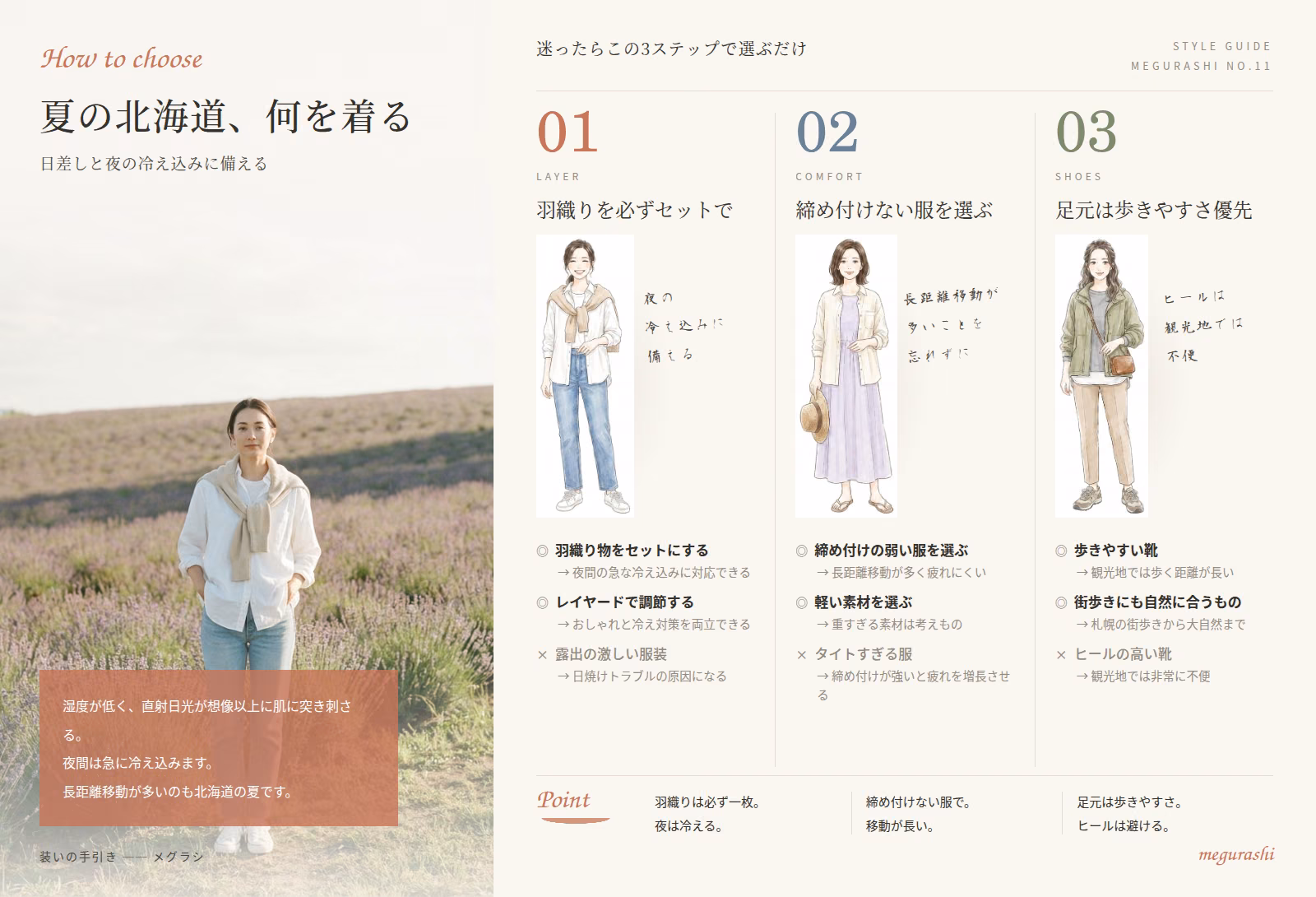 北海道旅行の服装は夏が難しい！失敗しないコーデ5選の要点まとめ図解｜羽織りを必ずセットで・締め付けない服を選ぶ・足元は歩きやすさ優先