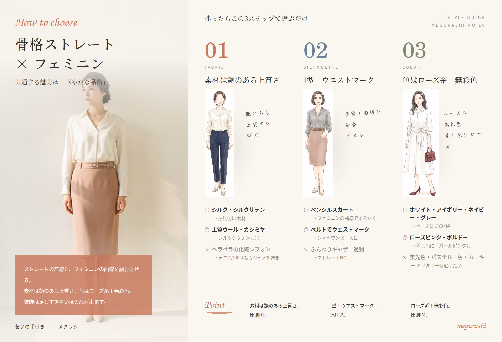 骨格ストレート×フェミニン 大人の装いの要点まとめ図解|素材は艶のある上質さ・I型+ウエストマーク・色はローズ系+無彩色