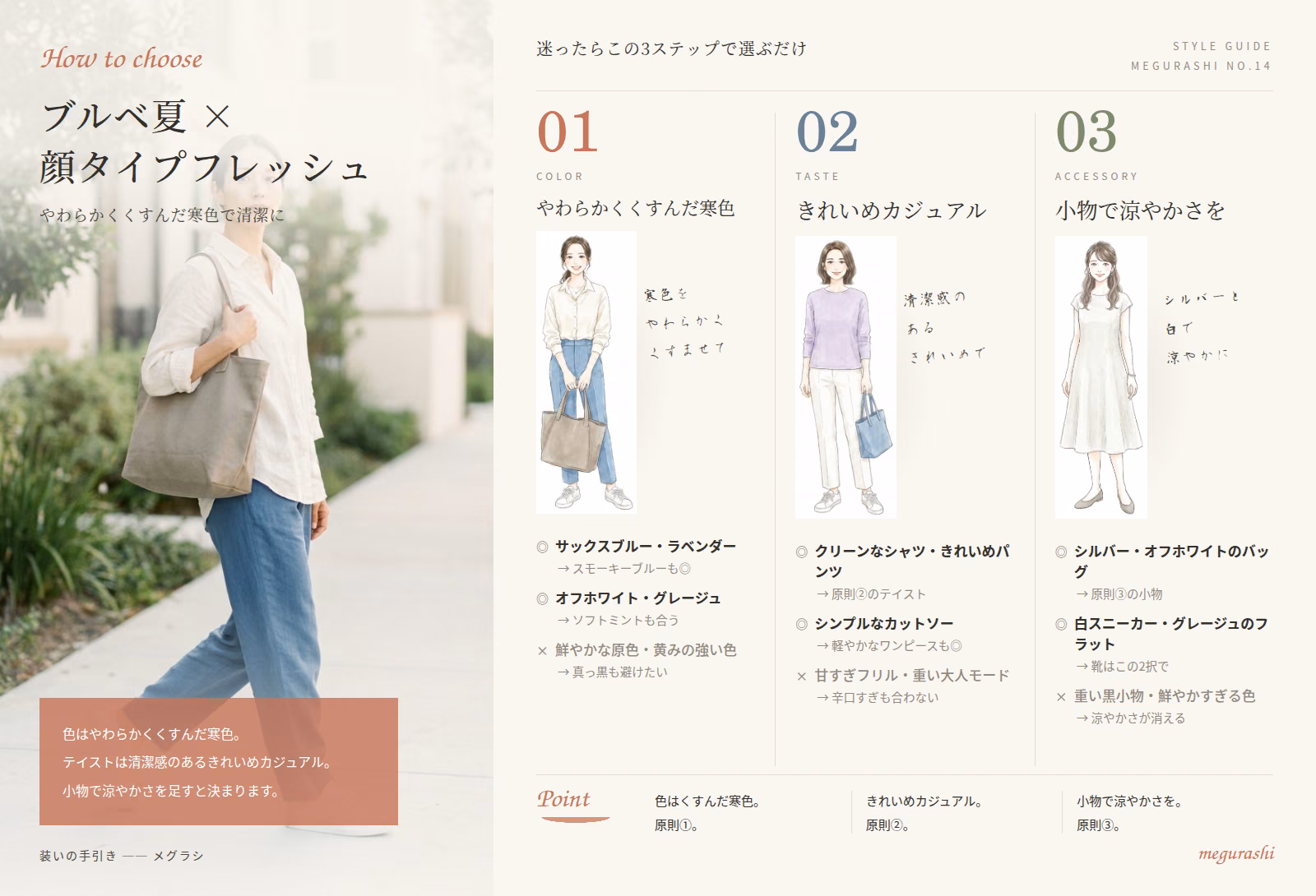 ブルベ夏×顔タイプフレッシュ 大人の装いの要点まとめ図解｜やわらかくくすんだ寒色・きれいめカジュアル・小物で涼やかさを